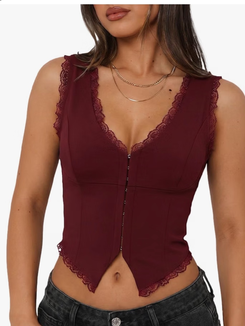 Women's Lace Trim V-Neck Corset Crop Top - Burgundy